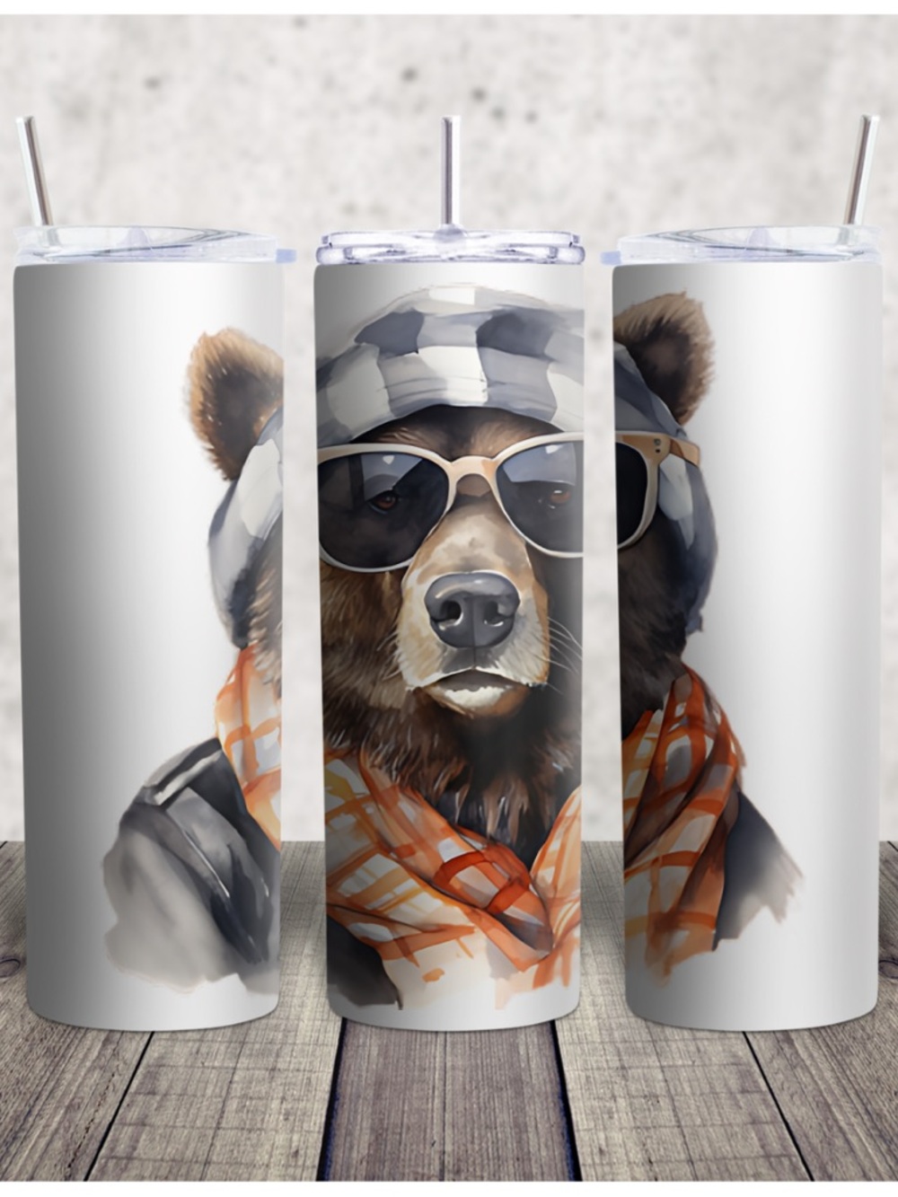 Hand Crafted Brown Bear Tumbler with Orange Scarf and Shades
